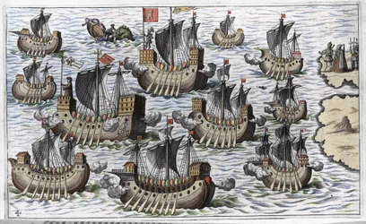 La flotte de Christophe Colomb (Cristoforo Colombo) pour conquérir le nouveau monde - dans « Nova Tipus Transacto Navigatio Novi Orbi » par Philoponus Honorius