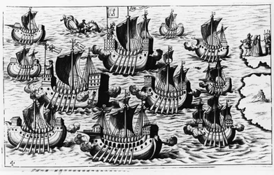 La flotte de Christophe Colomb pour conquérir le nouveau monde - dans « Nova Tipus Transacto Navigatio Novi Orbi » par Philoponus Honorius.