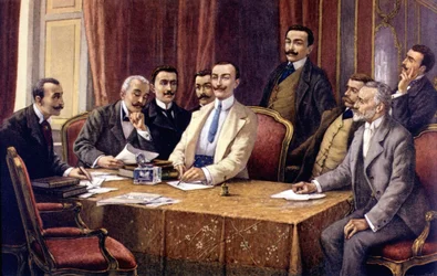 Les fondateurs de Fiat par L. Delleani (1840 - 1908). De gauche à droite (assis) : Comte Bisometti, Avocat Racca, Comte Bricherasso, Ceriana, Giovanni Agnelli, Avocat Scarfiotti, Ferrero et (debout) Luigi Damevino et Avocat Goria Gatti. Fin 19ème siècle