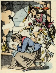 La bonne fée de Cendrillon et Cendrillon. Illustration du conte de Charles Perrault « Cendrillon ou La petite pantoufle de verre »