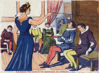 La bonne fée endort les habitants du château. Illustration anonyme pour « La Belle au bois dormant », conte de Charles Perrault (1628-1703), écrivain français. Imagerie Marcel Vagne, Jarville Nancy, fin du XIXe siècle.