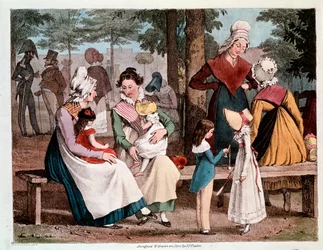 La bonté : scène avec des enfants et leurs nourrices dans un parc (gravure)