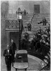 Le grand amphithéâtre de la Faculté de Médecine du Quartier Latin à Paris. Gravure dans le journal "La jeunesse"