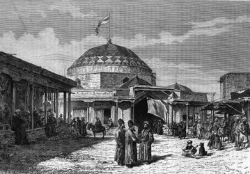 Le grand bazar de Samarkand (Samarqand ou Samarcande) en Ouzbékistan au XIXe siècle. Gravure dans « Le Journal de la Jeunesse » de 1888