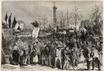 La foire au jambon, boulevard Bourdon dans le 4e arrondissement de Paris près de la place de la Bastille. Une enseigne annonce de la viande de mulet (hippophagie). Gravure dans "L