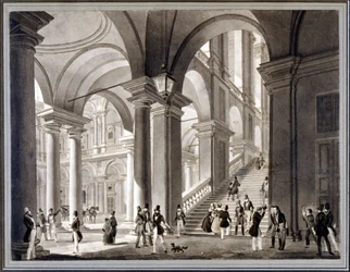 Le grand escalier de Brera. Aquatinte par Giovanni Migliara, vers 1820