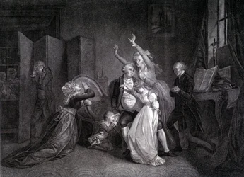 Le dernier entretien de Louis XVI avec sa famille (Marie Antoinette et Louis XVII). Gravure du XIXe siècle.