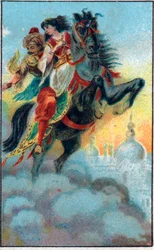 La fuite. Conte « Histoire du cheval enchanté » dans « Les mille et une nuits ». Chromolithographie de la fin du XIXe siècle.