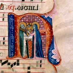 La lettre "N" avec une représentation de la Présentation au Temple : f.36v de l
