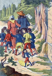 Le petit poucet sème des cailloux sur son chemin. Illustration pour "Le Petit Poucet", conte de Charles Perrault (1628-1703), écrivain français. Illustration anonyme. Imagerie Marcel Vagne, Jarville Nancy, sans date (fin XIXe siècle).