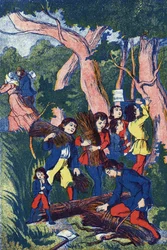 Les bûcherons abandonnent leurs enfants. Illustration pour « Le Petit Poucet », conte de Charles Perrault (1628-1703), écrivain français. Illustration anonyme. Imagerie Marcel Vagne, Jarville Nancy, fin du XIXe siècle.