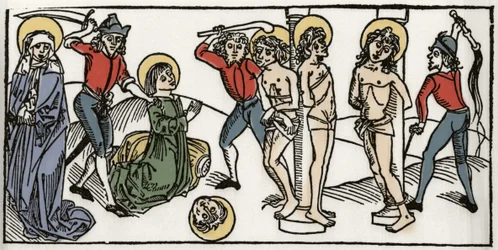 Le martyre de Sainte Félicité et de ses sept fils de Rome. Gravure de « Leben der Heiligen - sommerteil » (Le livre des saints) par Jacobus (Jacques) de Voragine (1228-1298). Lübeck 1488