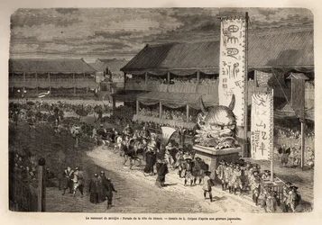 Le matsuri (fête, procession) de Miodjin, temple de Yedo (ou Edo, Tokyo actuel), une grande procession biennale, avec la présentation de grandes figures historiques et l
