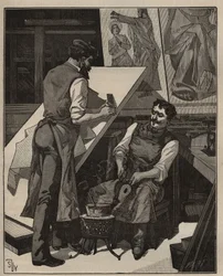 La mosaïque : atelier de mosaïque. Gravure de 1885 dans "Les arts et métiers illustrés" par Adolphe Bitard.