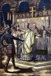 Le meurtre de Saint Thomas Becket à la cathédrale de Canterbury, 29 décembre 1170, par des chevaliers de la cour du roi Henri II