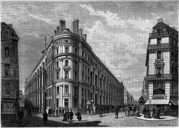 Le nouvel Hôtel des Postes de la rue du Louvre à Paris après sa reconstruction. Gravure dans le journal « La jeunesse ».