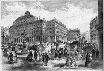 La nouvelle place du théâtre français (Comédie Française) avec les fontaines projetées au Palais Royal à Paris. Gravure dans "L