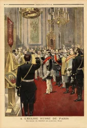 Le serment de fidélité au nouveau tsar Nicolas II (1868-1918), dans la cathédrale Saint Alexandre Nevsky, rue Daru, Paris. Gravure dans « Le petit journal » 18/11/1894. Collection Selva.