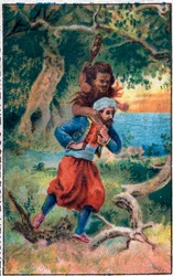 Le vieil homme de la mer. Les merveilleuses aventures de Sinbad le marin. Conte populaire des Mille et Une Nuits. Chromolithographie de la fin du 19ème siècle