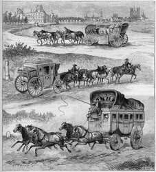 La vieille voiture de voyage, le carrosse de voyage du 17ème siècle, le carrosse de voyage du 18ème siècle et la diligence avant les chemins de fer. Gravure dans « La nature » de 1888.