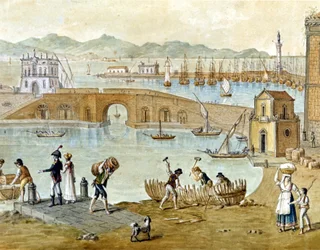 Le port de Naples et Santa Lucia vers 1800 : les voyageurs se préparent à partir et les charpentiers construisent un bateau. Aquarelle.