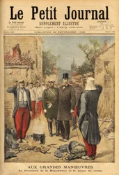 Le président de la république, Félix Faure (1841-1899), visite les troupes à Langres lors des grandes manœuvres et tradition pour tous les visiteurs, il goûte la soupe du soldat. Gravure dans « Le petit journal » 22/09/1895. Collection Selva