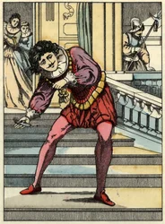 Le prince ramasse la pantoufle de verre de Cendrillon. Illustration du conte de Charles Perrault « Cendrillon ou La petite pantoufle de verre »