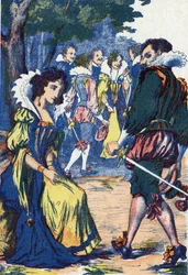 La bêtise de la princesse éloigne les courtisans. Illustration anonyme pour « Riquet à la houppe », conte de Charles Perrault (1628-1703), écrivain français. Imagerie Marcel Vagne, Jarville Nancy, fin 19e siècle.