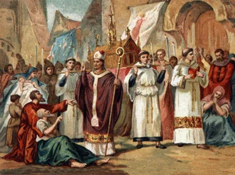 Les reliques de Sainte Geneviève (422-502), patronne de Paris, sont transportées dans les rues de Paris. Chromolithographie vers 1890