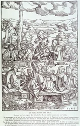 La table ronde des vices : jeu, avidité, luxure, orgueil... - Gravure de 1546