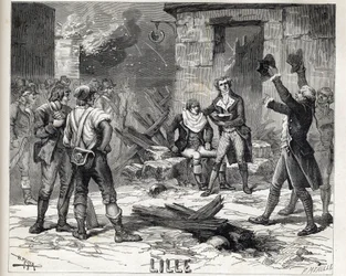 Le plat à barbe de Lille. Un épisode du Siège de Lille en 1792 pendant les guerres révolutionnaires françaises - Siège de Lille en 1792 : la perruque de Maes utilisant un éclat de bombe comme plat à barbe pour raser un client
