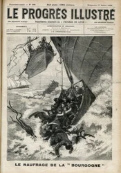 Le naufrage du transatlantique La Bourgogne. Gravure dans "Le progrès illustre" de juillet 1898.