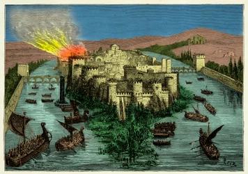 Le siège de Paris en 845 par les Vikings menés par Ragnar Lodbrok, gravure, XIXe siècle
