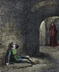 Le spectre de la tour. Le prisonnier enchaîné dans un cachot voit un fantôme devant lui. Illustration pour « La tour de Londres » par William Harrison Ainsworth XIXe siècle