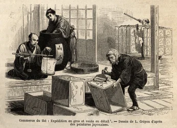 Le commerce du thé : expédition en gros et au détail. Gravure pour illustrer le voyage au Japon, par Aimé Humbert, ministre de la Confédération suisse, en 1863-1864, publié dans « Le tour du monde » 1869, édité par Edouard Charton, édition Hachette, Paris