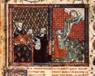 Le moine traducteur présente son livre au roi Philippe III de France dit le Hardi (1270-1285). Miniature tirée de La Doctrine chrétienne, par Saint Augustin (?)