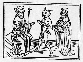 Le procès de Belial : « Le démon Belial présente ses lettres de créance au juge Salomon » Gravure de « Le procès de Belial » par Jacobus de Teramo (ou Palladino), Ausburg