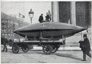 Le bateau sous-marin « Le Goubet », transporté pour des expériences, passe place de la Madeleine à Paris. Gravure dans « La Nature »