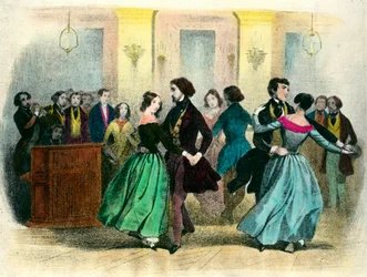 La valse : un bal dans la classe moyenne. Lithographie du 19ème siècle
