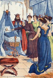 La méchante fée prédit que la princesse se percera la main. Illustration pour « La belle au bois dormant », conte de Charles Perrault (1628-1703), écrivain français. Illustration anonyme. Imagerie Marcel Vagne, Jarville Nancy, sans date (fin du XIXe siècle