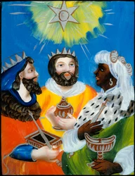 Les rois mages Balthazar, Melchior, Gaspard Peinture sur verre ou fixe anonyme. 19e siècle. Paris. Musée des Arts et Traditions Populaires