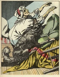 Le loup bat la grand-mère du Petit Chaperon Rouge. Illustration du conte « Le Petit Chaperon Rouge » de Charles Perrault