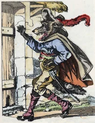 Le loup frappe à la porte de la maison des biquets. Illustration du conte « Compère le Loup, Maître Renard, Commère la Chèvre et ses petits biquets » d