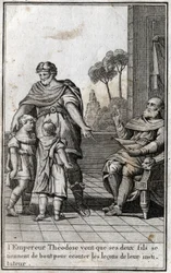 Théodose Ier (Flavius Theodosius) (347-395), empereur romain, veut que ses deux fils, Arcadius (377-408) et Honorius (384-423), se lèvent pour écouter les leçons de leur maître. IVe siècle. Gravure dans « Beauté de l