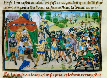 Troisième Croisade : la perte de la Vraie Croix lors de la bataille de Hattin le 4 juillet 1187 (miniature de la « Chronique abrégée » de David Aubert)