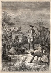 Troisième voyage (1776-1779) du capitaine James Cook (1728-1779) : Cook est accueilli par les indigènes (Hawaï) - illustration tirée de "Les grands marins du XVIIIe siècle"