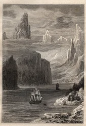 Troisième voyage (1776-1779) du capitaine James Cook (1728-1779) : Entrée du Prince William (Prince William) (Alaska) - illustration tirée de « Les grands marins du XVIIIe siècle »