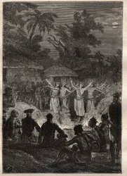Troisième voyage (1776-1779) du capitaine James Cook (1728-1779) : une fête sur les îles des Amis (royaume des Tonga, Polynésie) - illustration tirée de « Les Grands Navigateurs du XVIIIe siècle »