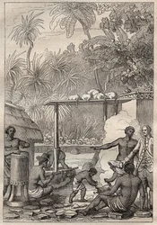 Troisième voyage (1776-1779) du capitaine James Cook (1728-1779) : sacrifice humain à Tahiti - illustration tirée de 