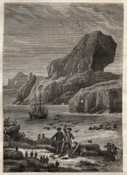 Troisième voyage (1776-1779) du capitaine James Cook (1728-1779) : les îles Kerguelen (archipel des Kerguelen, Antarctique) - illustration tirée de "Les grands marins du XVIIIe siècle"